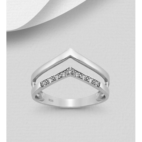 Srebrni prstan -  "V" linija, okrašen s cirkoniji